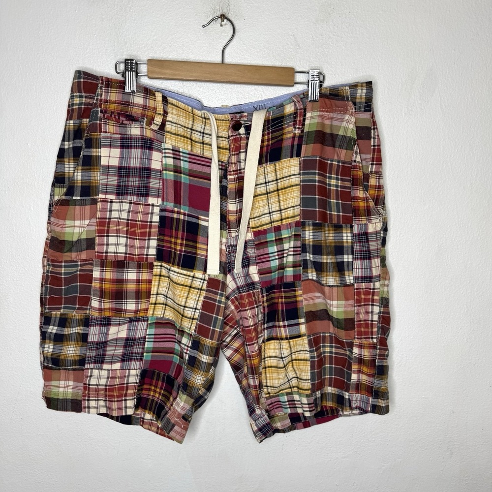 J Crew Red Madras Plaid Field Shorts Men's 36W Colorful Cotton Drawstring Preppy
